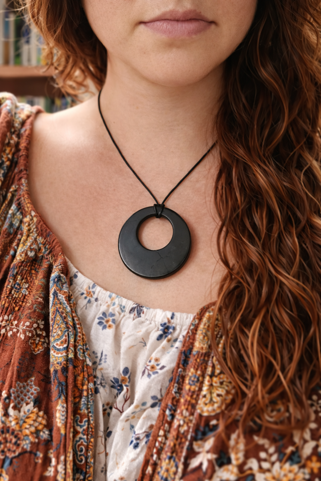 Shungite donut pendant necklace on black cord worn by woman in boho outfit