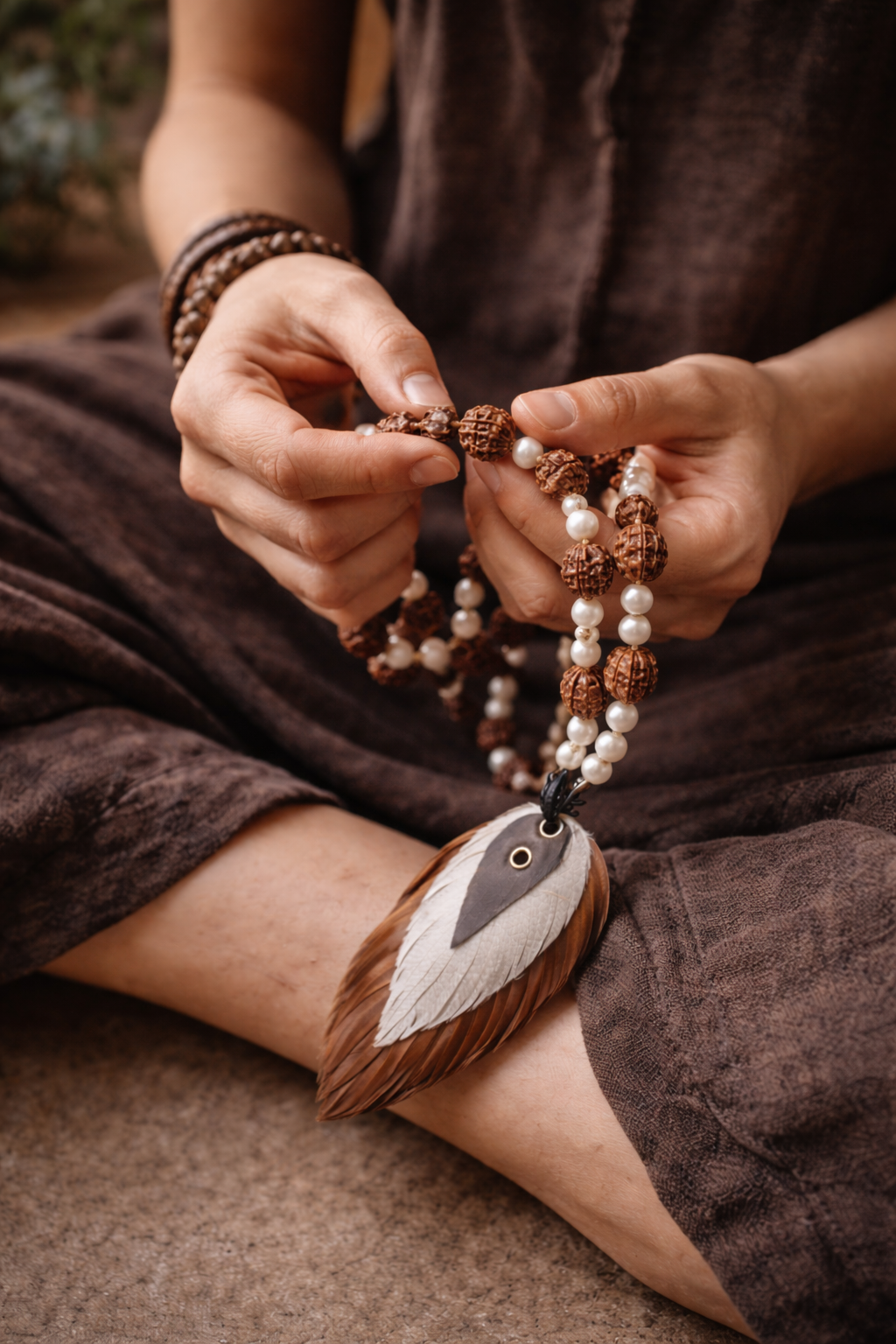 Hands holding a Rudraksha and pearl mala during meditation, with natural wooden beads, white pearls, and a feather pendant resting against crossed legs in a calm, earthy setting.