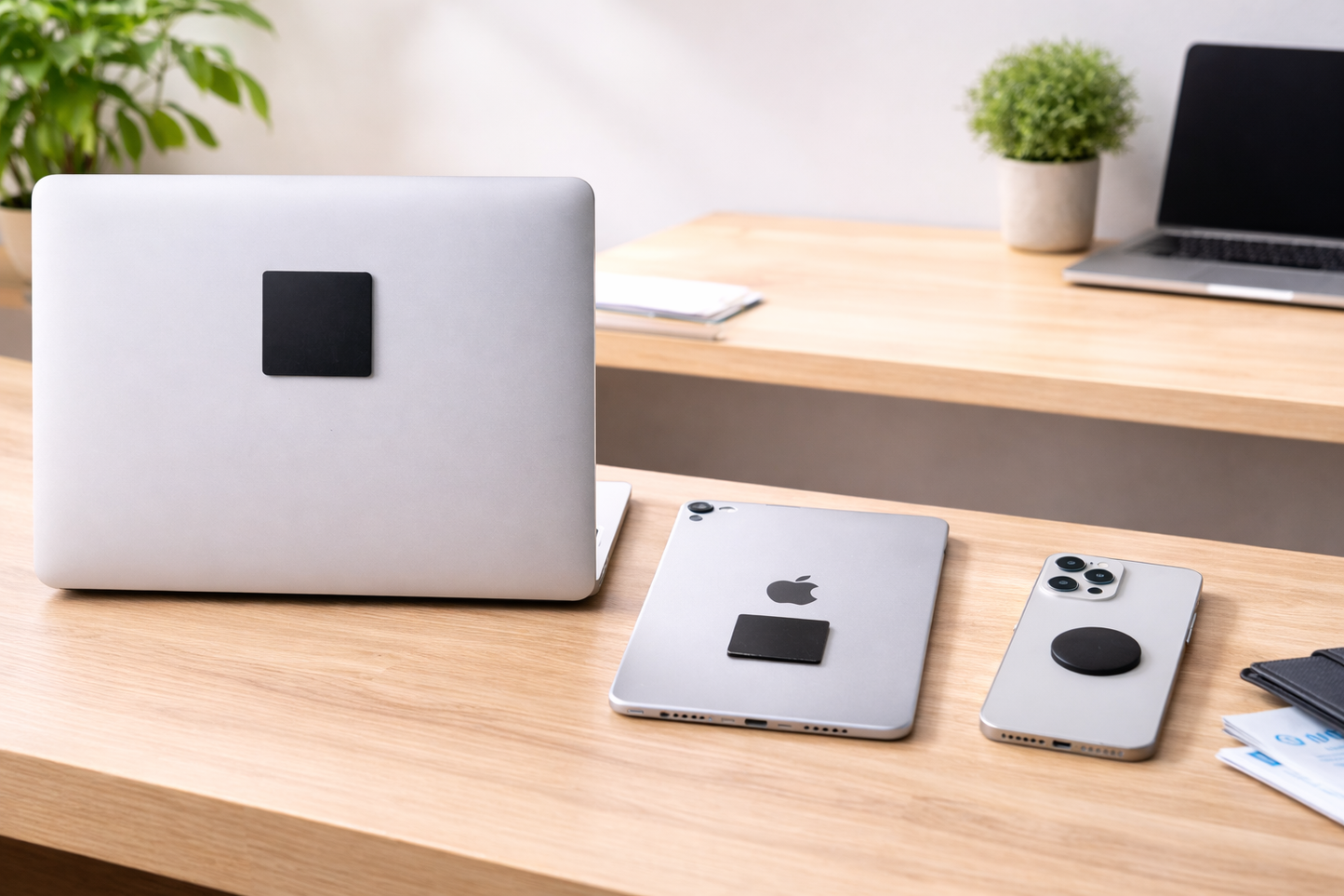 Shungite phone plates attached to laptop, tablet and smartphone on wooden desk in natural workspace