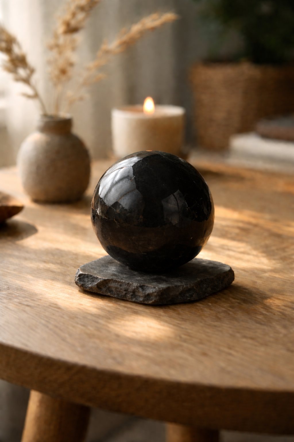 polished smooth shungite sphere on raw shungite stand wooden table natural sunlight minimal home