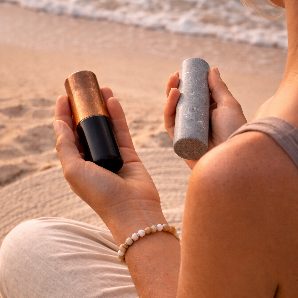 person holding shungite copper harmonizer and soapstone harmonizer during meditation on beach natural light