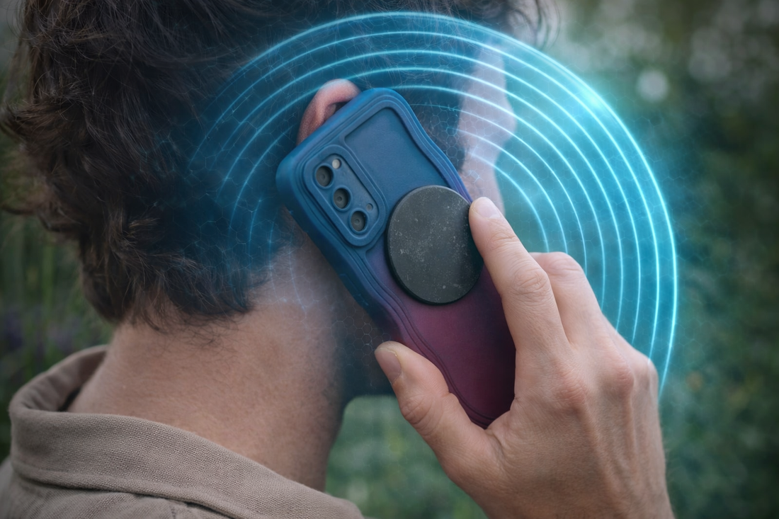 Person in side profile talking on a smartphone with a round black shungite disc attached to the back, surrounded by a glowing protective EMF shield effect in a natural outdoor setting.