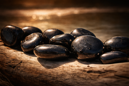 Polished black shungite stones resting on weathered driftwood by the water, photographed in warm golden light with a softly blurred shoreline in the background.