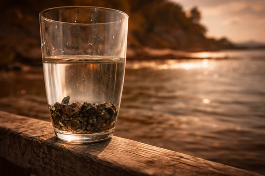 Clear glass of water infused with raw shungite stones, resting on weathered wood by a sunlit shoreline, captured in warm golden light with a softly blurred natural background.