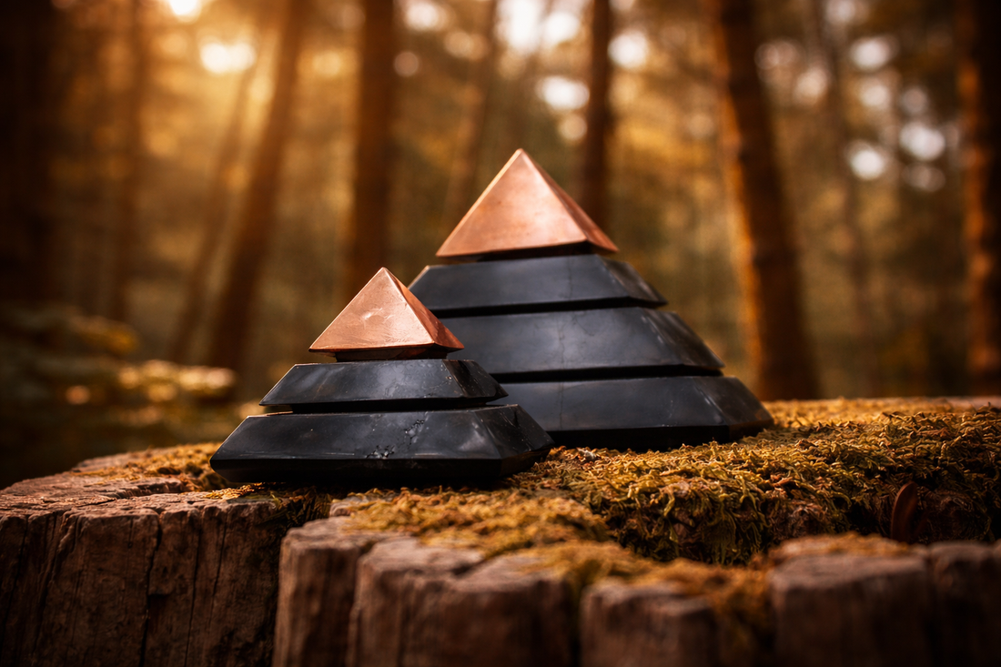 Two handcrafted shungite pyramids with polished copper tops resting on a mossy tree stump in a warm, sunlit forest, styled in earthy tones for a natural, grounding aesthetic.