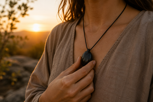 woman wearing shungite pendant during sunrise meditation for grounding, protection and energetic balance