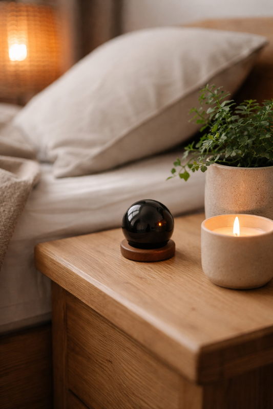 Shungite sphere placed on bedside table next to candle and plant in calm bedroom setting