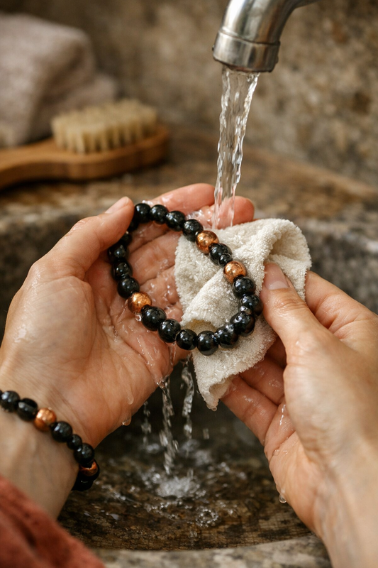 hands cleaning a shungite bracelet with copper beads under running water using a soft cloth
