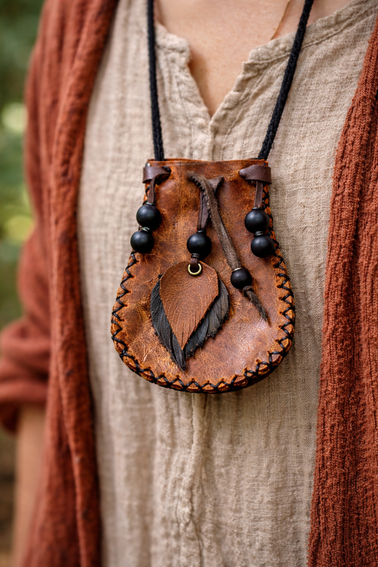 handmade recycled leather medicine bag with shungite beads worn around the neck in a natural outdoor setting