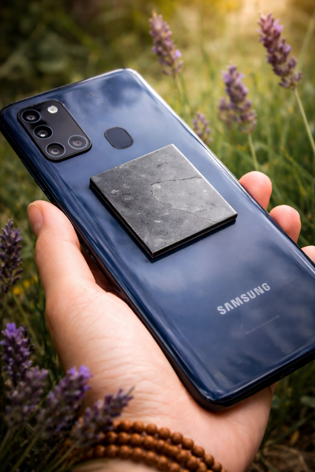 hand holding phone with a shungite phone plate on it