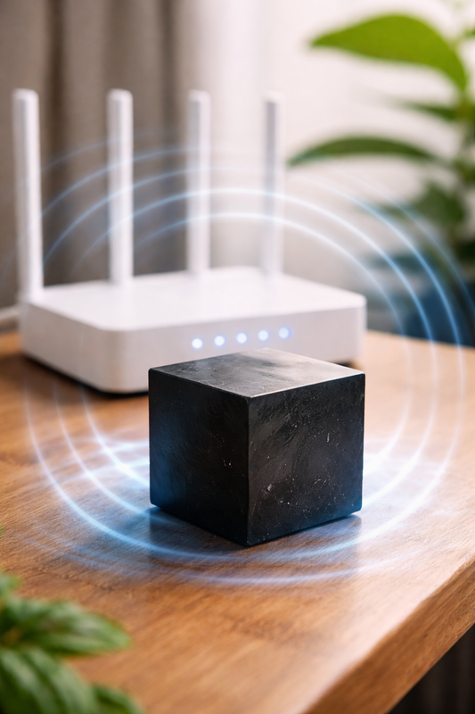 Black shungite cube placed next to Wi-Fi router on wooden table representing EMF protection and grounding energy