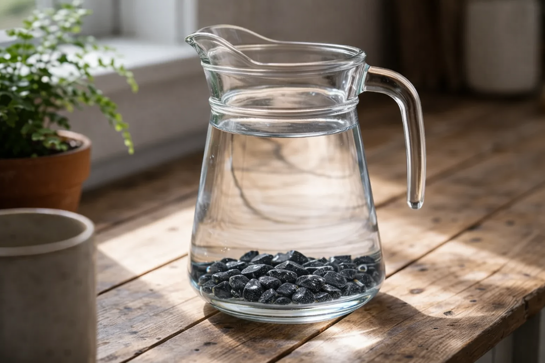 Glass pitcher of water with small shungite stones at the bottom on a wooden table in natural sunlight