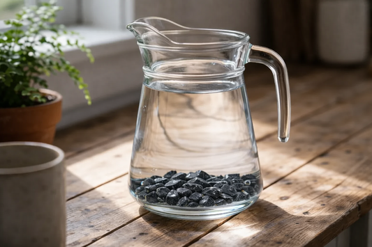 Glass pitcher of water with small shungite stones at the bottom on a wooden table in natural sunlight