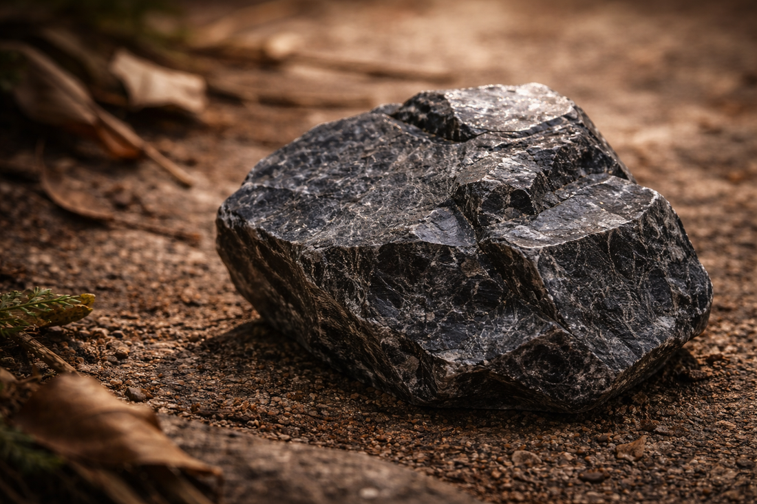 Raw shungite stone resting on earthy ground with natural sunlight highlighting its rough texture and metallic surface, surrounded by dried leaves in a calm, grounded outdoor setting.