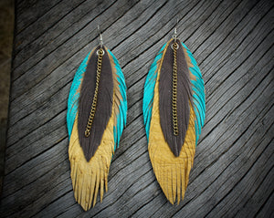 Long leather feather earrings