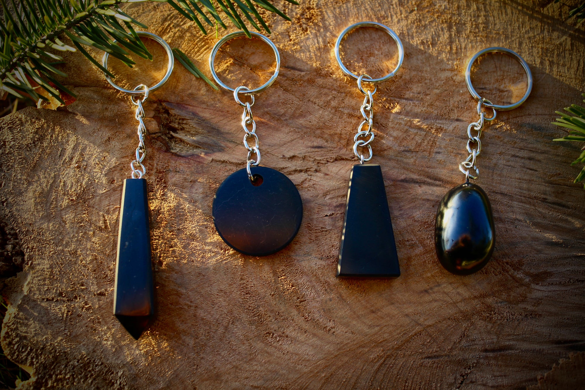 "Collection of four Shungite keychains featuring round, trapezoid, pendulum, and tumble shapes, showcasing their unique designs for EMF protection and energy healing."