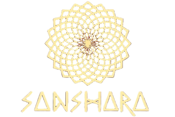 Decorative wall art with geometric pattern and 'Sanshara' branding on a white background