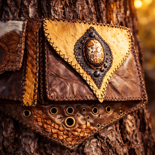 Handcrafted leather pouch with natural stone detail, stitched in warm earth tones and photographed on tree bark in soft golden light.