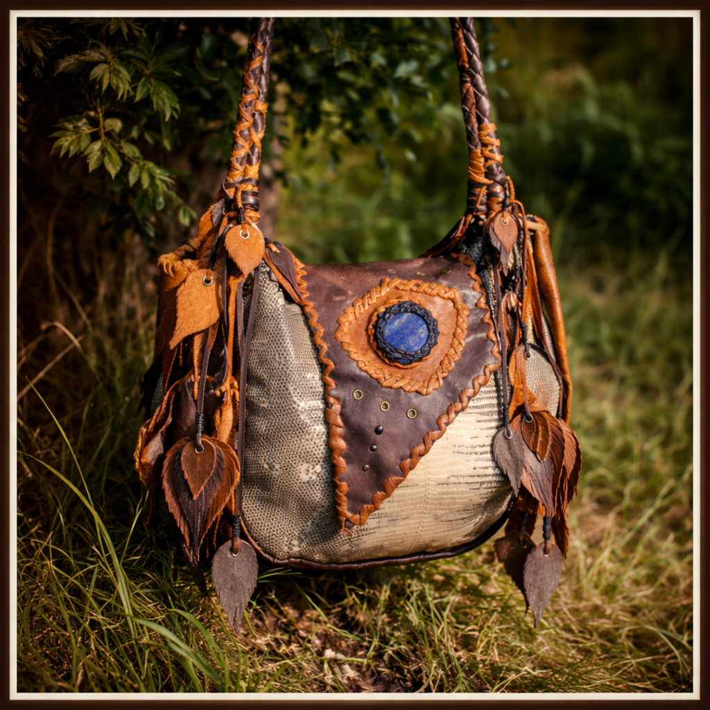 Handcrafted bohemian leather bag with braided handles, feather accents, and blue stone detail displayed in nature.