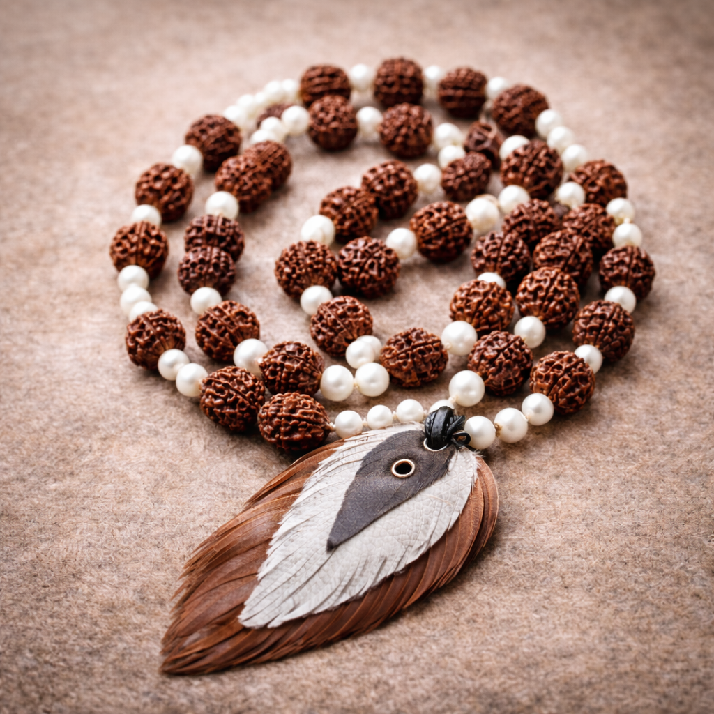 Handcrafted Rudraksha and pearl mala necklace arranged on a neutral stone surface, featuring textured brown Rudraksha beads, white pearls, and a layered feather pendant centerpiece.