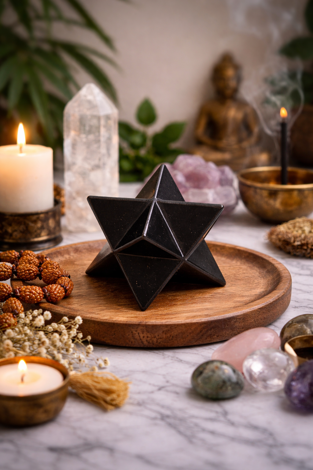 “Shungite merkaba star on wooden altar surrounded by candles and crystals in soft light”