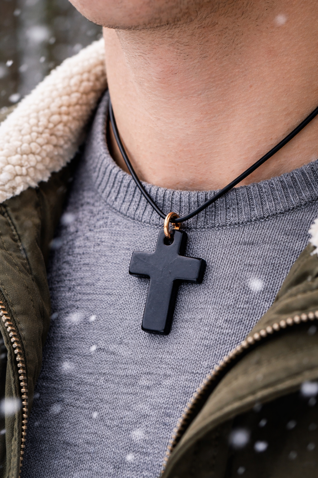 Black shungite cross pendant hanging from a leather cord with copper loop, worn on a men's neck in a snowy outdoor setting, showcasing the natural stone finish and earthy handmade style.