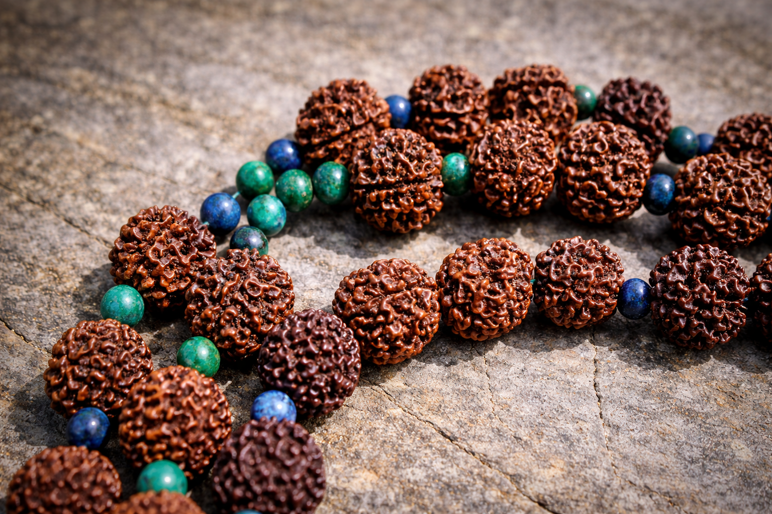 Close-up of handcrafted Rudraksha mala beads laid on natural stone, accented with Azurite Malachite and African Turquoise gemstone beads, highlighting the rich textures and earthy colors of the spiritual necklace.