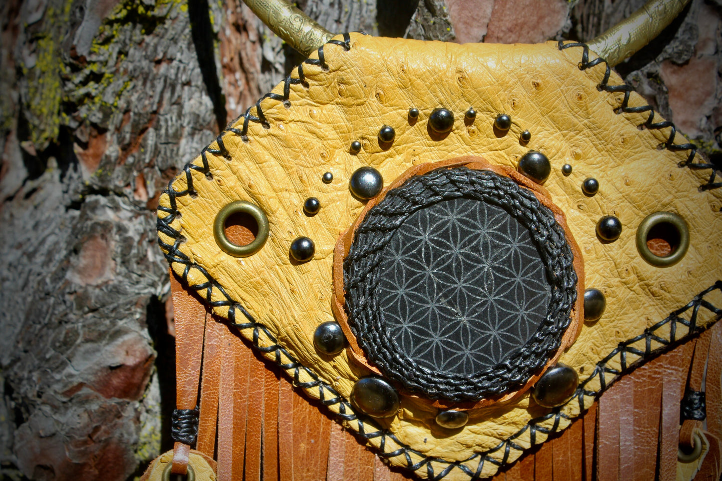 Recycled Leather Shungite Necklace  Tribal Statement Necklace with Sacred Mandala Stone