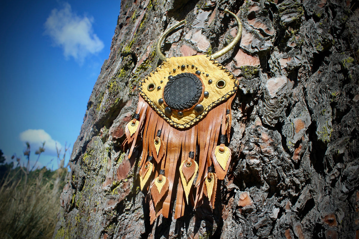 Recycled Leather Shungite Necklace  Tribal Statement Necklace with Sacred Mandala Stone
