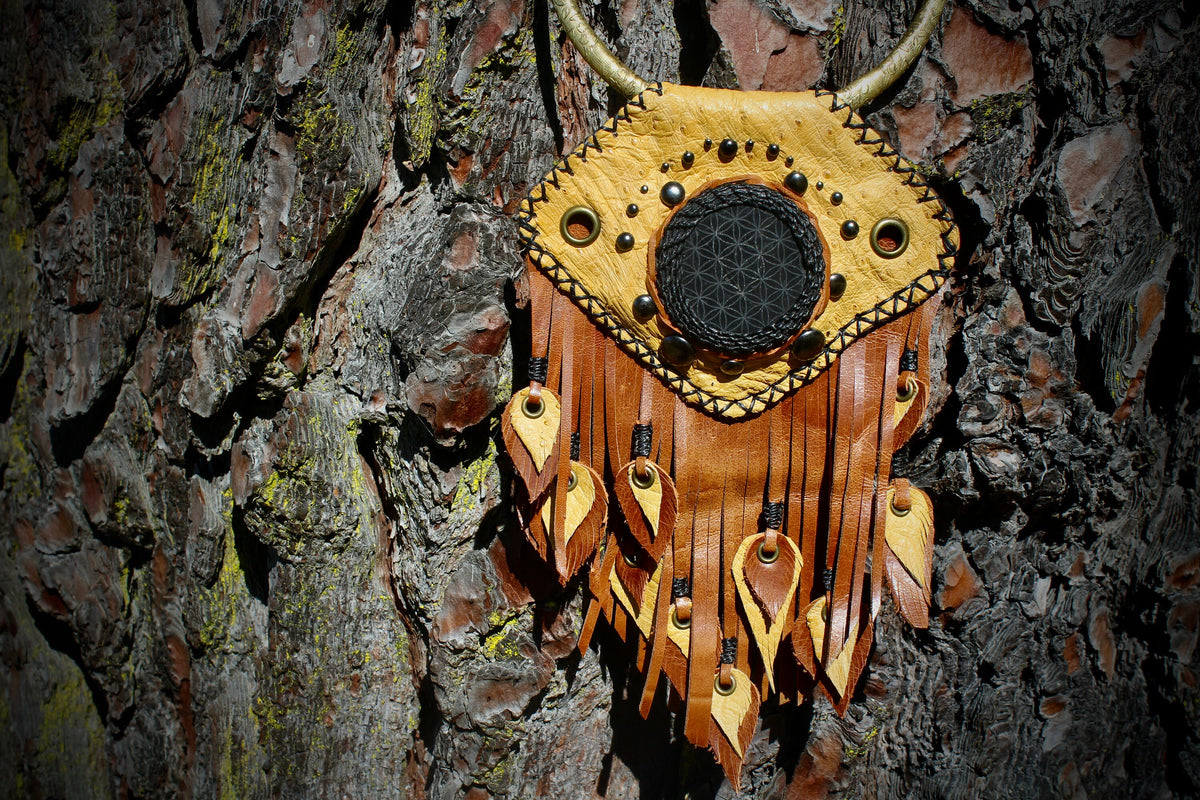 Recycled Leather Shungite Necklace  Tribal Statement Necklace with Sacred Mandala Stone