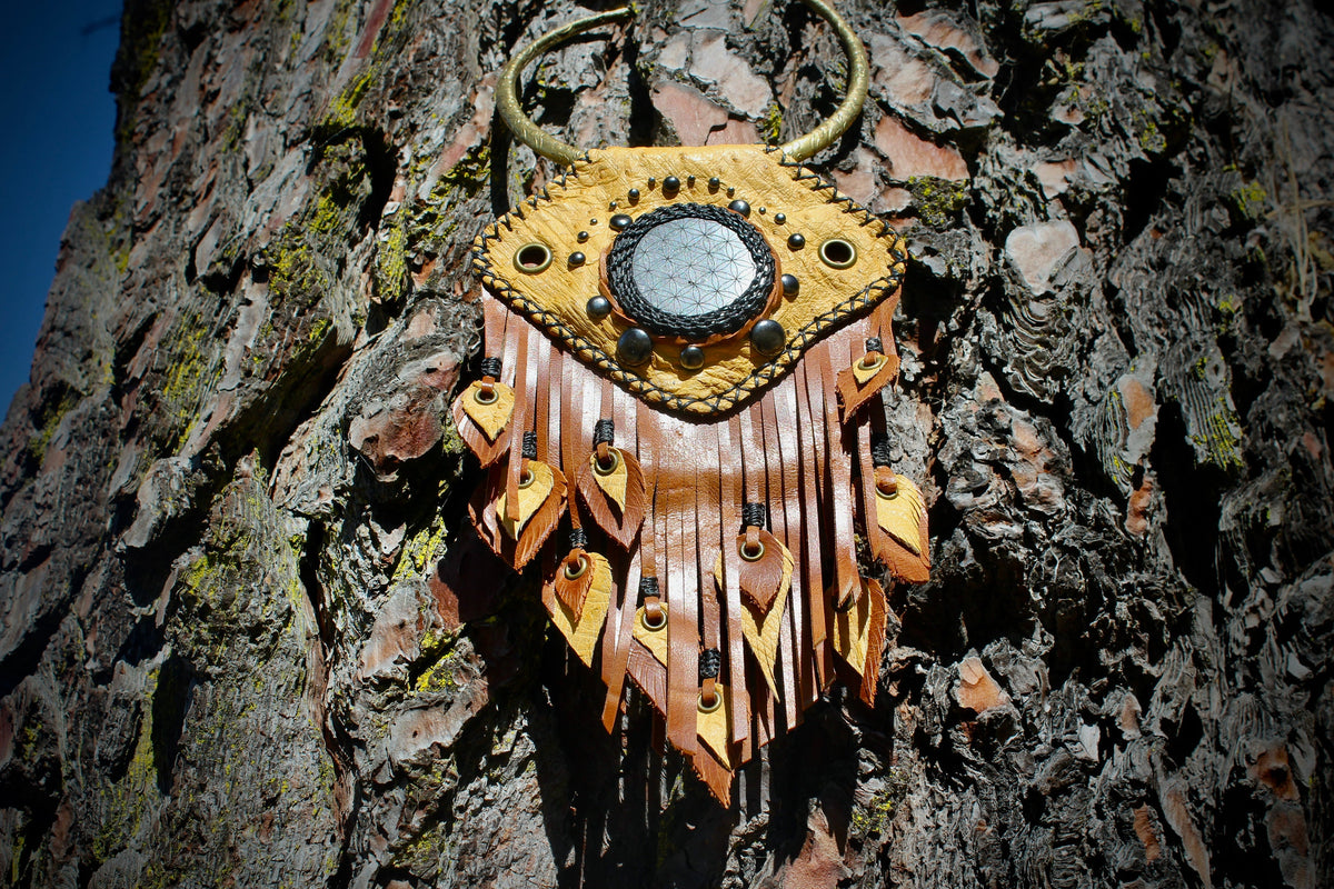 Recycled Leather Shungite Necklace  Tribal Statement Necklace with Sacred Mandala Stone