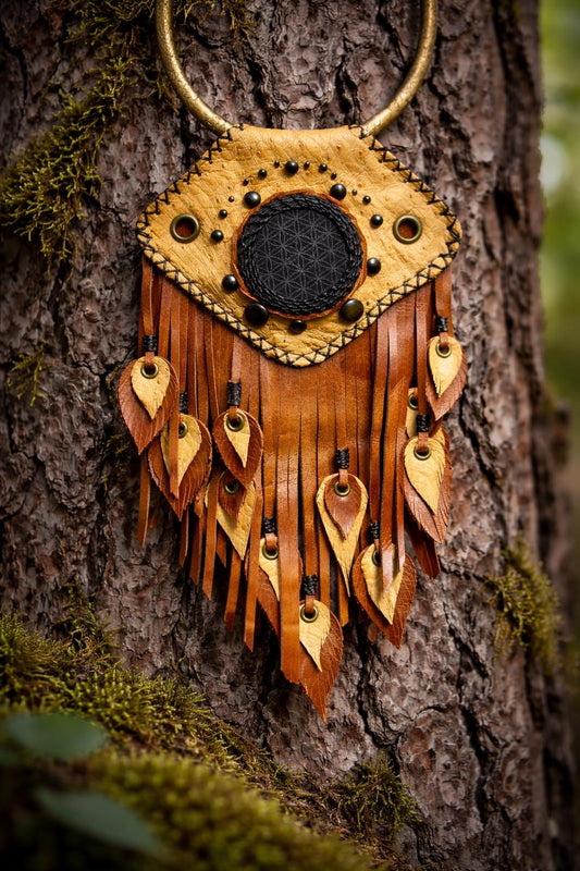 Recycled Leather Shungite Necklace  Tribal Statement Necklace with Sacred Mandala Stone