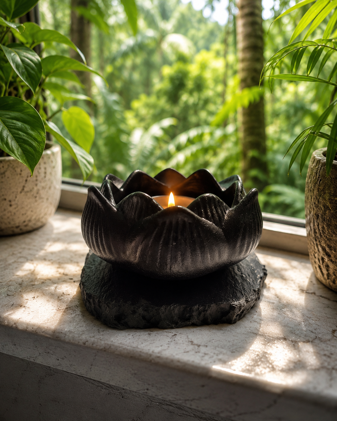 Black lotus-shaped shungite candle holder with a lit tea light candle, displayed on a stone windowsill with lush jungle greenery in the background, soft natural sunlight, and calming tropical spa-inspired ambiance.
