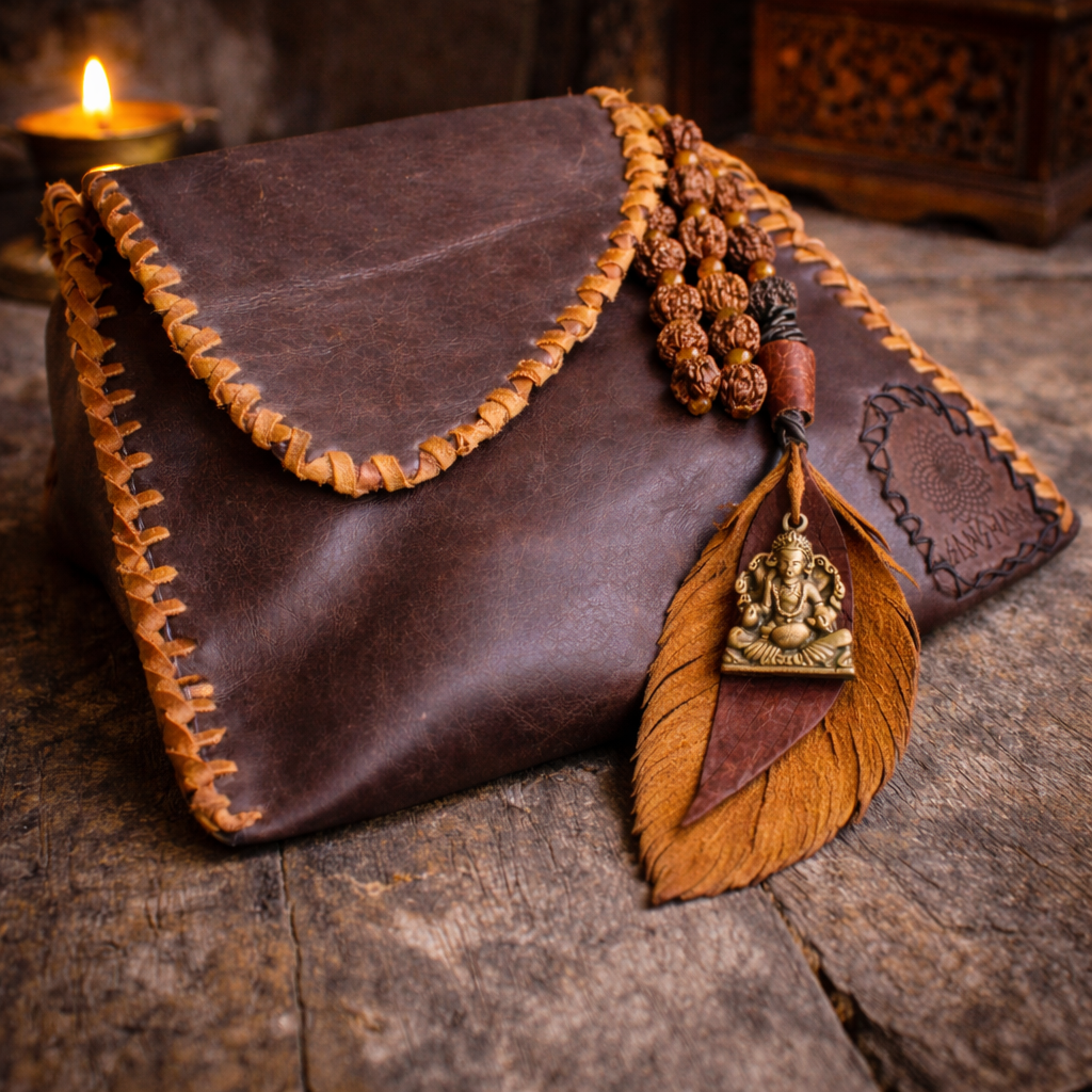 Handcrafted Rudraksha and amber mala partially tucked into a handmade recycled leather pouch on a natural stone backdrop, featuring a small Ganesha charm and leather tassel.