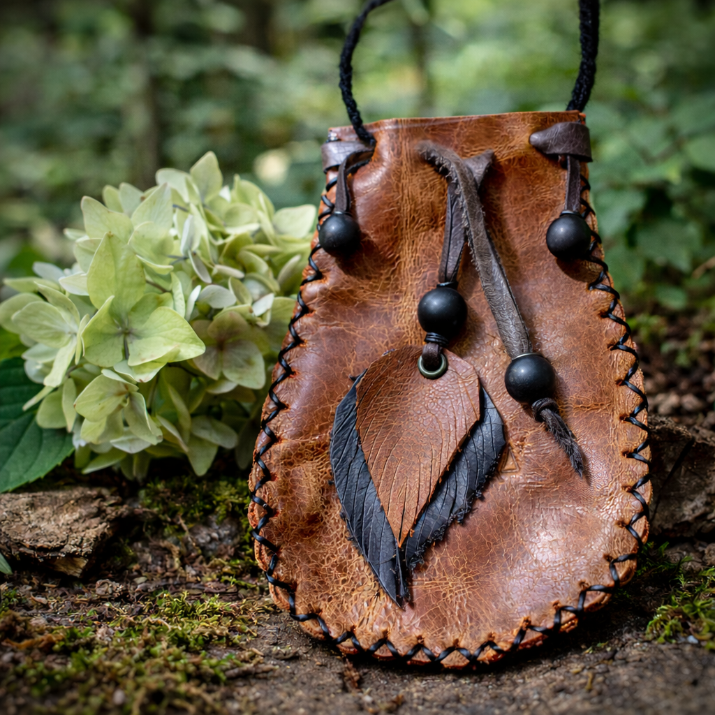 Handcrafted brown leather pouch with black whip stitching, finished with two black shungite beads at the ends of the drawstrings, resting on a mossy forest floor beside soft green foliage in warm, natural light.