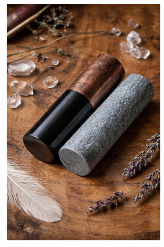 Shungite and soapstone meditation cylinders resting on wooden surface with lavender and crystals, used for energy balancing and spiritual practice