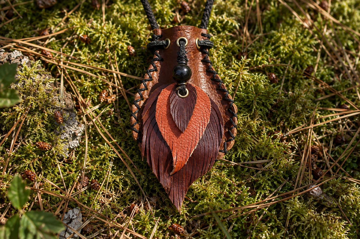 Handmade Leather Shungite Medicine Bag Necklace | Crystal Pouch Pendant