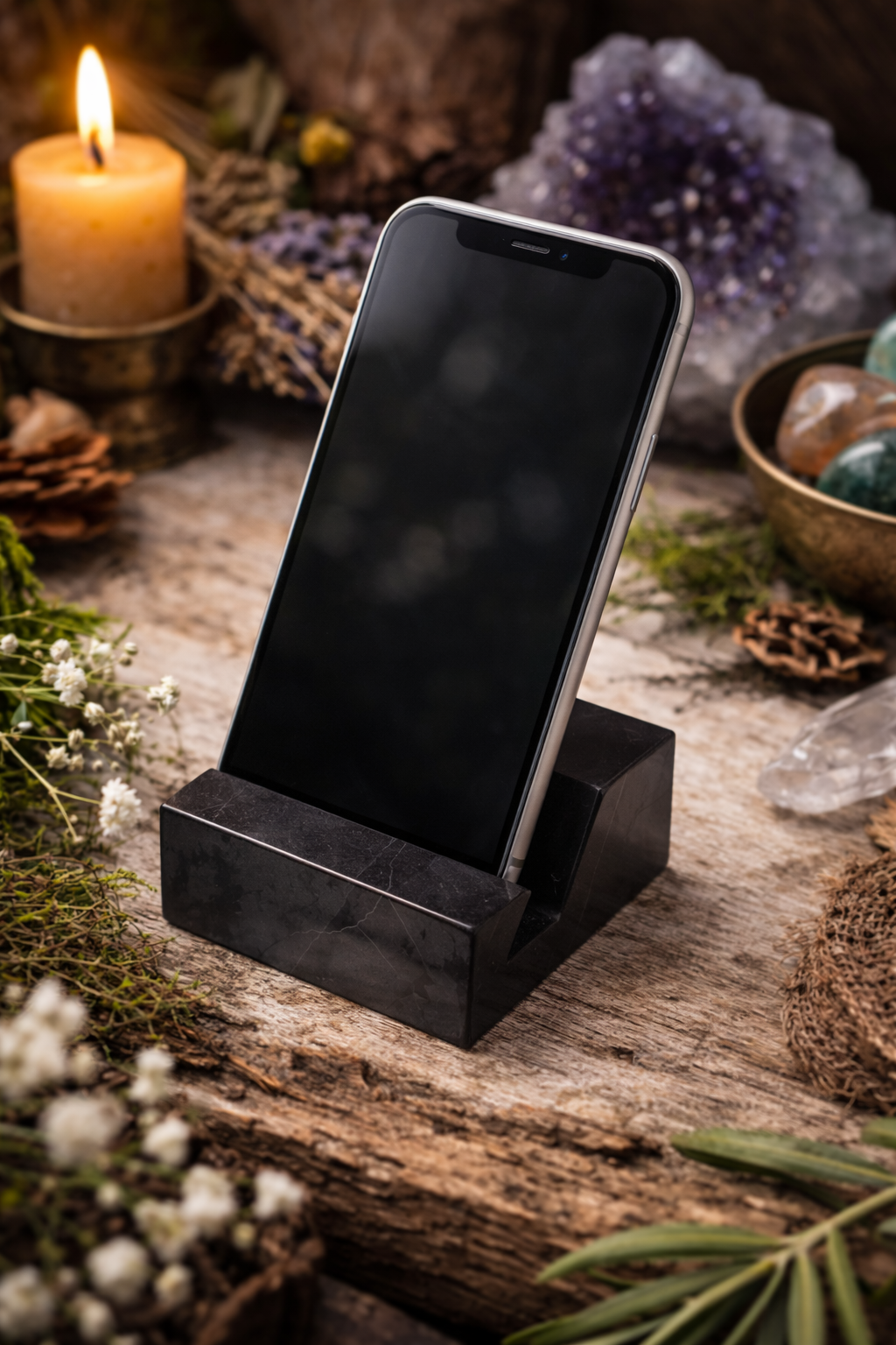 Shungite phone holder stand holding a smartphone on a natural wooden surface with candle, crystals, and herbs in a calm earthy setting, showcasing a grounding and minimalist lifestyle aesthetic