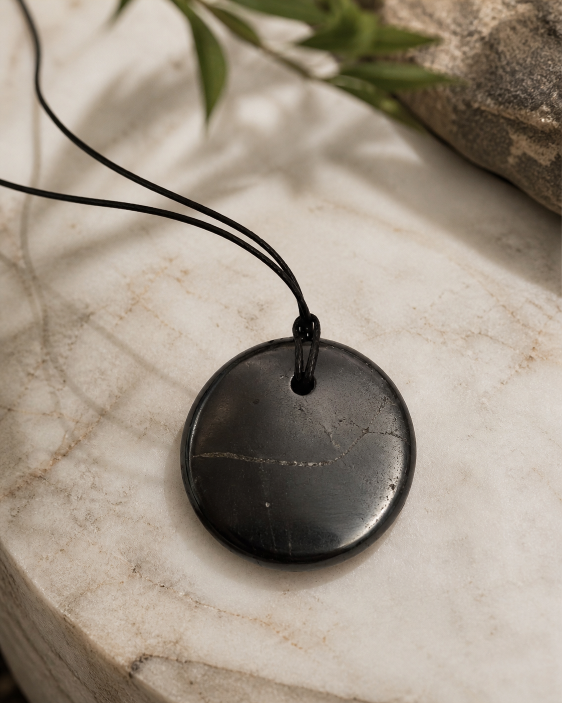 Shungite round pendant necklace resting on a light marble surface, featuring natural stone texture with subtle veins, soft natural lighting, and minimal earthy styling.