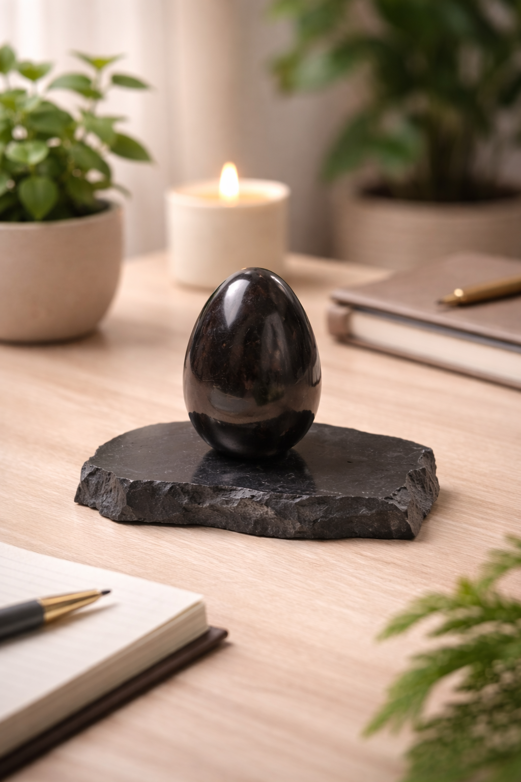 Polished shungite egg displayed on a raw, rough-cut shungite slab on a wooden desk in a calm natural setting, with soft warm lighting highlighting its glossy surface and organic stone texture