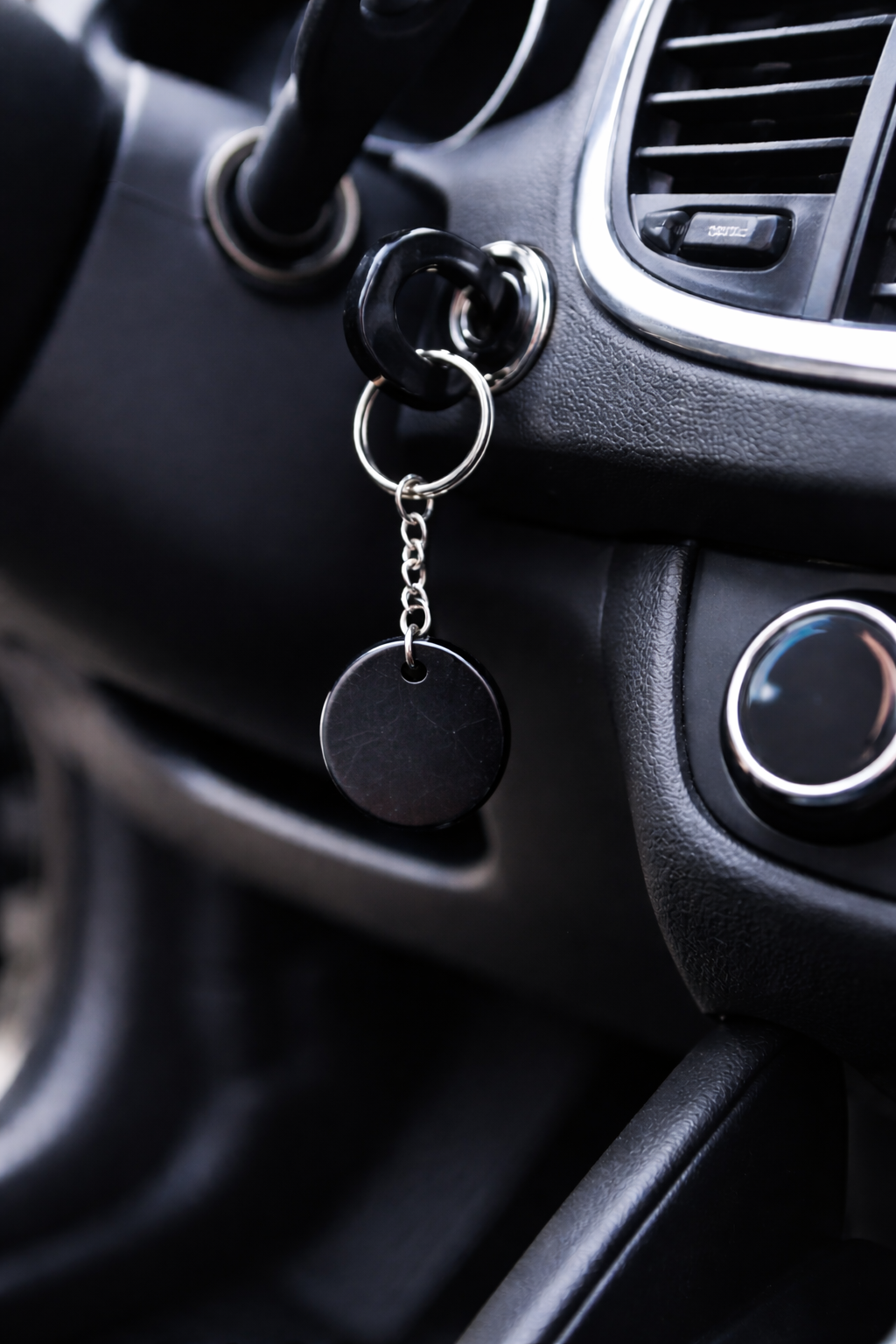 Polished oval black shungite keychain with silver chain and ring, displayed on white marble surface with soft gray veining.
