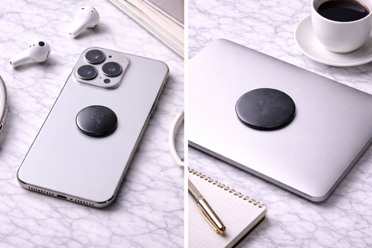 Black shungite EMF protection plates attached to the back of a smartphone and laptop on a marble surface, showing round shungite stickers used for electromagnetic radiation shielding.