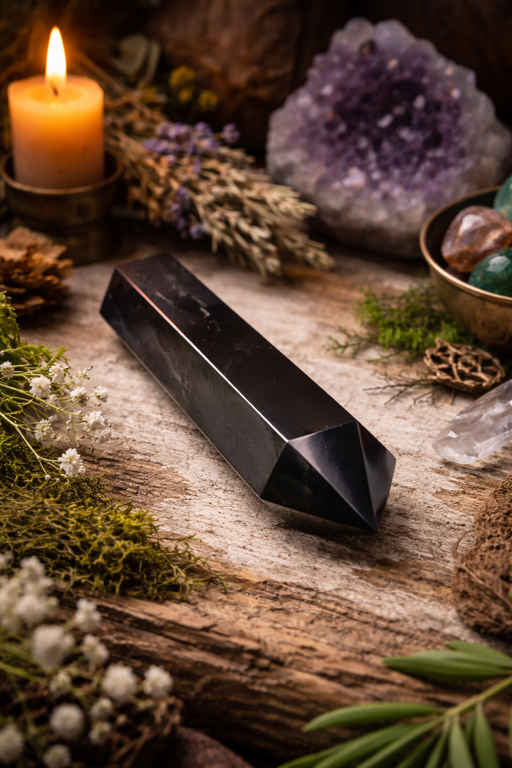 Shungite crystal wand on natural altar with candle, herbs and crystals