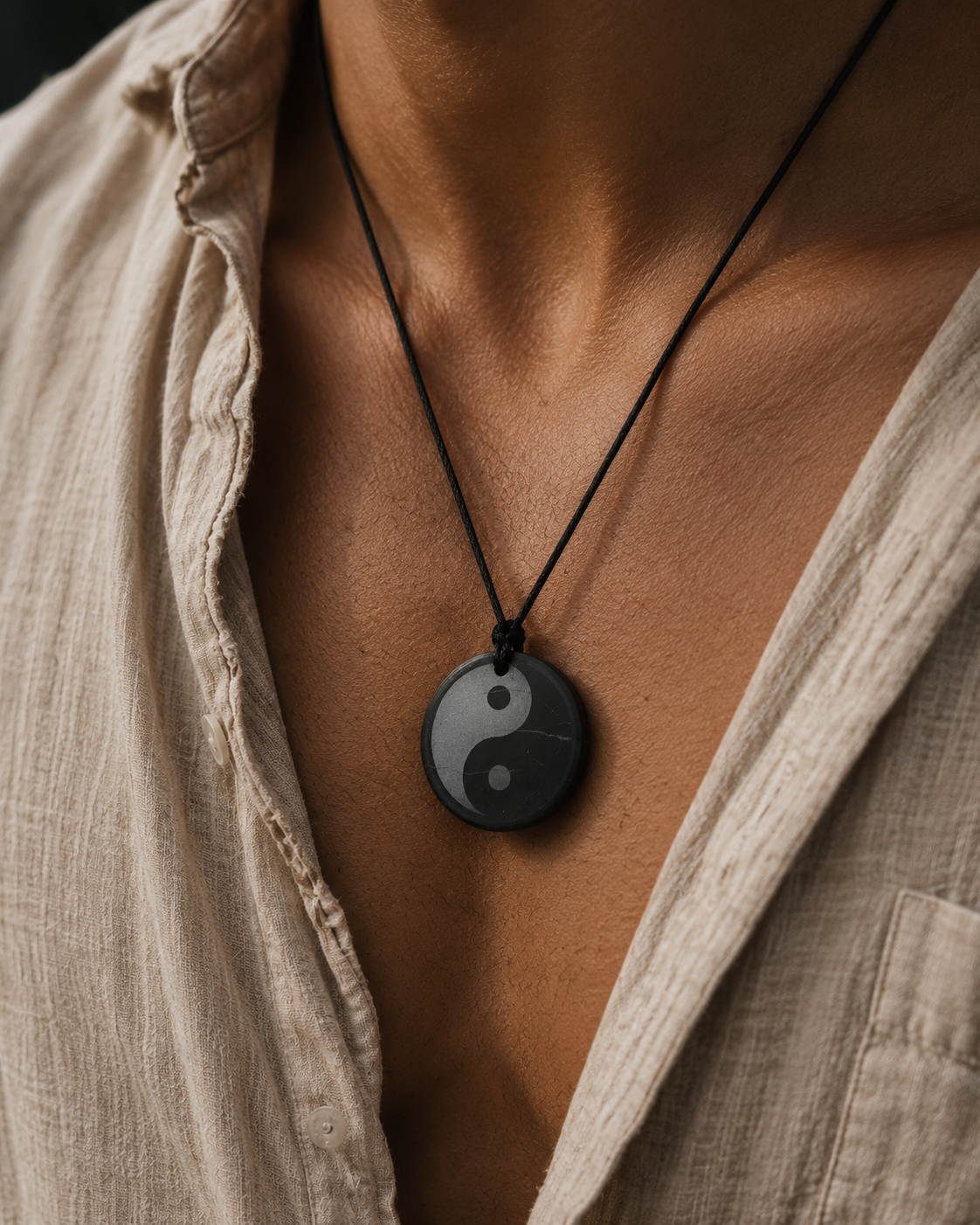 Handcrafted black shungite Yin Yang pendant necklace displayed on a bohemian male model's chest. The polished circular pendant features the classic Yin Yang symbol with natural white mineral veins running through the stone. Suspended on a black cord against a neutral linen shirt, the pendant is shown in soft natural light with an earthy, grounded aesthetic that highlights its smooth finish and symbolic design.